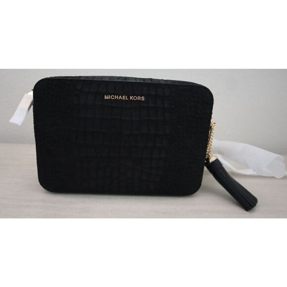 Michael Kors Women's MD Black Croc Embossed Leather Camera Crossbody Bag - Picture 1 of 16